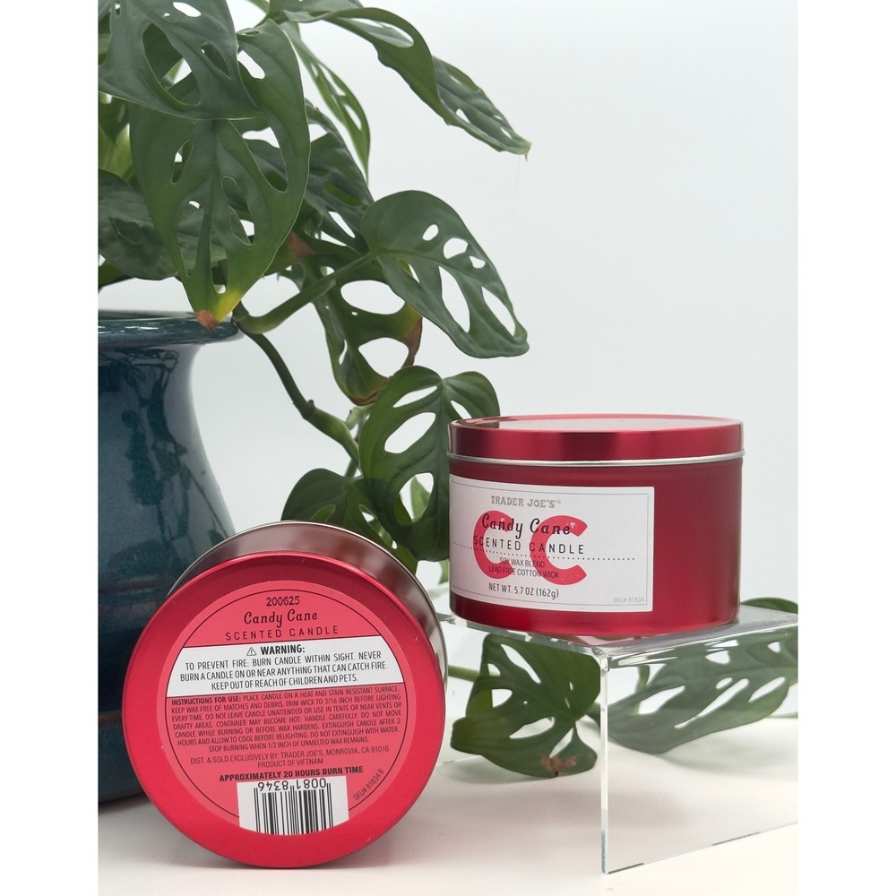Trader Joe's Candy Cane Scented Candle Soy Wax Blend Red Tin 5.7 oz Set of 2